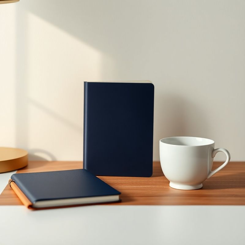 Birou minimalist cu un carnet indigo, o ceașcă ceramică albă și un smartphone